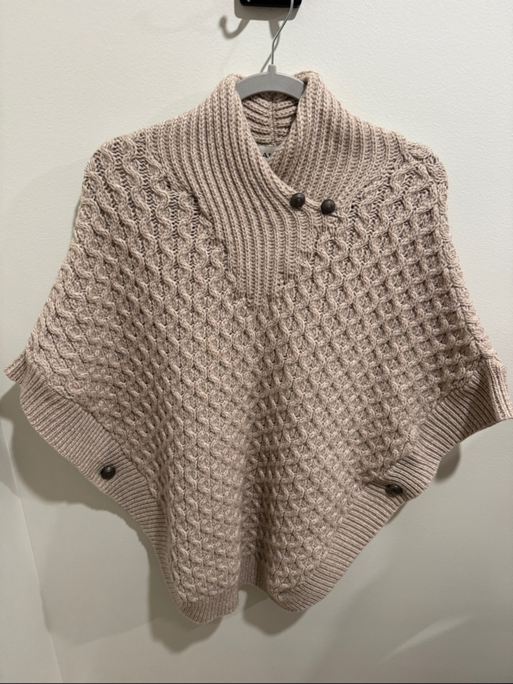 Textured Knit Merino Wool Poncho Sweater in Light Taupe